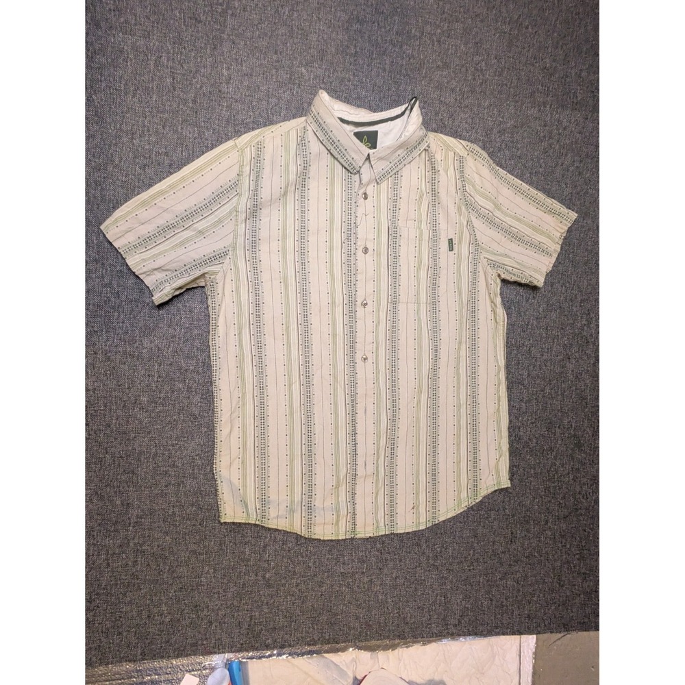 Prana Men's Short Sleeve Button Up Shirt Striped Geometric Beige Collared Tee